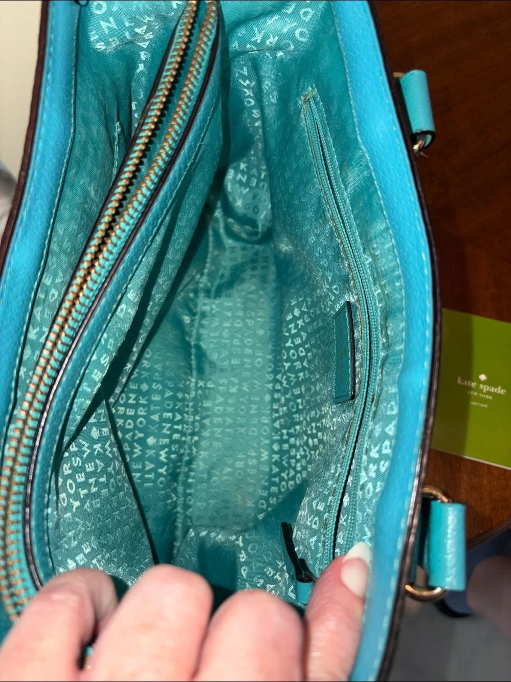 kate spade crossbody bag  satchel  Leather turquoise 3 compartment  gold tone